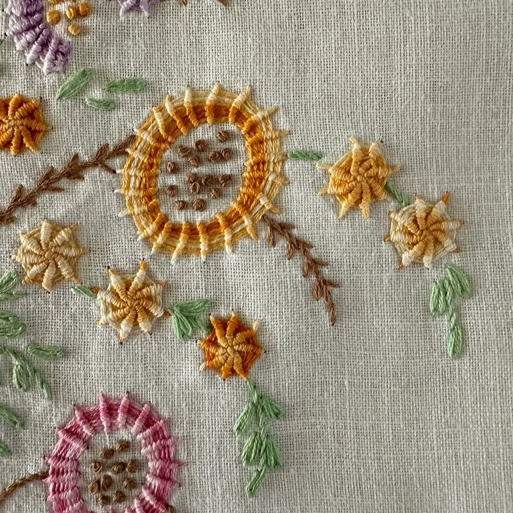 Vintage Embroidered Linen Dresser Scarf Runner Crochet Edge 34